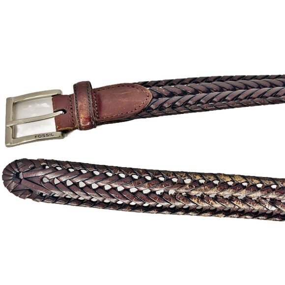 Fossil Braided Leather Brown Belt Size 40 / 100 1.25" W Silver Buckle Hardware - Picture 2 of 8